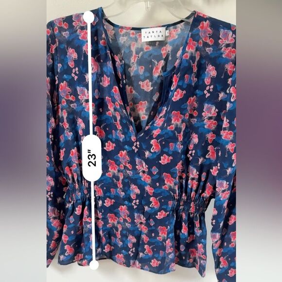 Tanya Taylor Heather Printed Silk w/ Cinch Waist in Storm Blue Top 4 NWOT - Picture 10 of 12